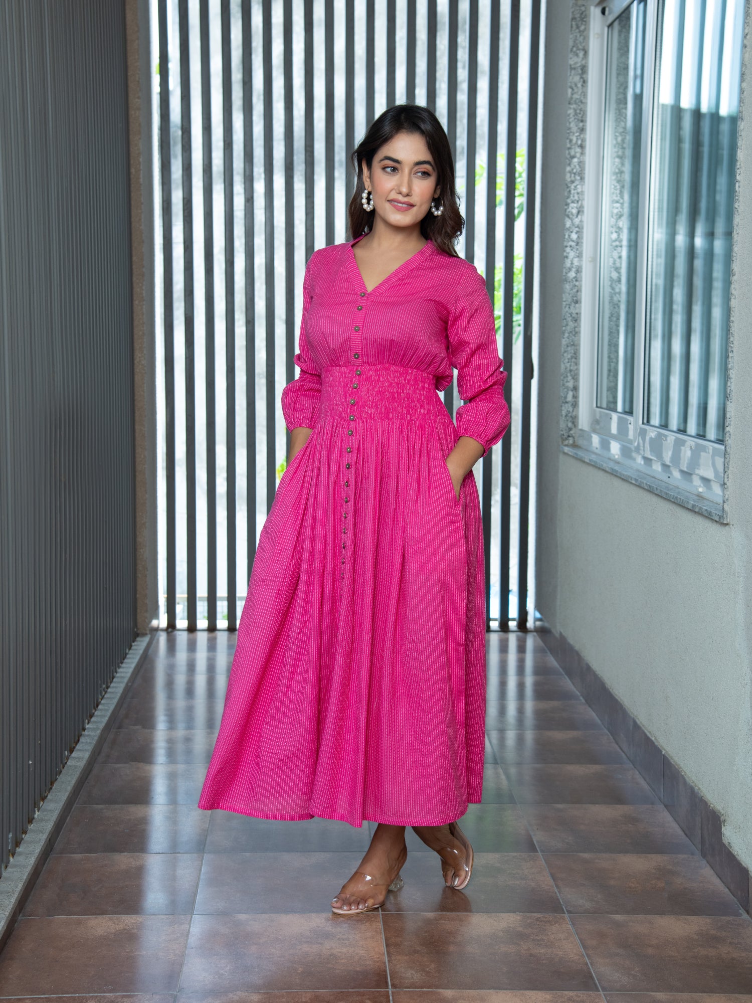 FUCHSIA PINK COTTON KANTHA COMFY DRESS