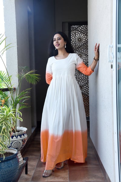 ORANGE COTTON SCHIFFLI OMBRE DRESS