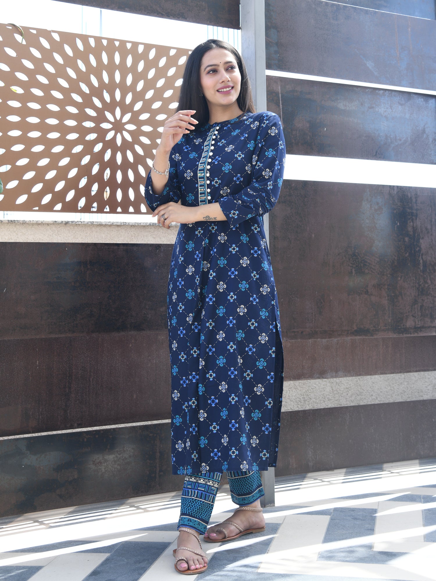 AAHELI BLUE PRINTED HANDWORK KURTA WITH PANT SET