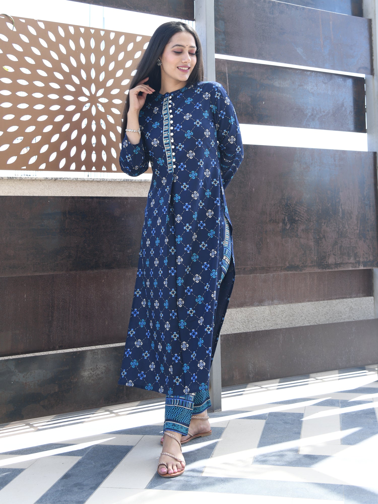 AAHELI BLUE PRINTED HANDWORK KURTA WITH PANT SET