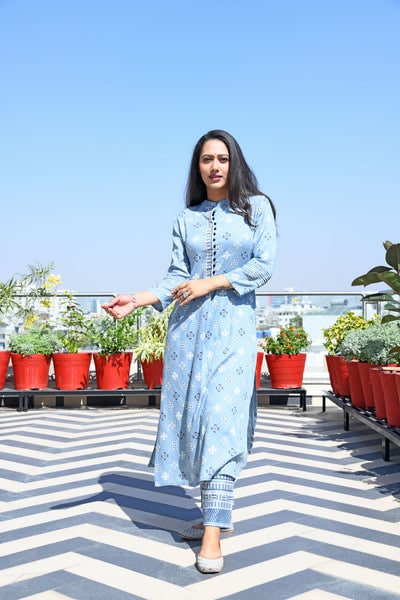 GREY PRINTED HANDWORK KURTA WITH PANT SET
