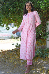 AAHELI PINK PRINTED HANDWORK KURTA WITH PANT SET