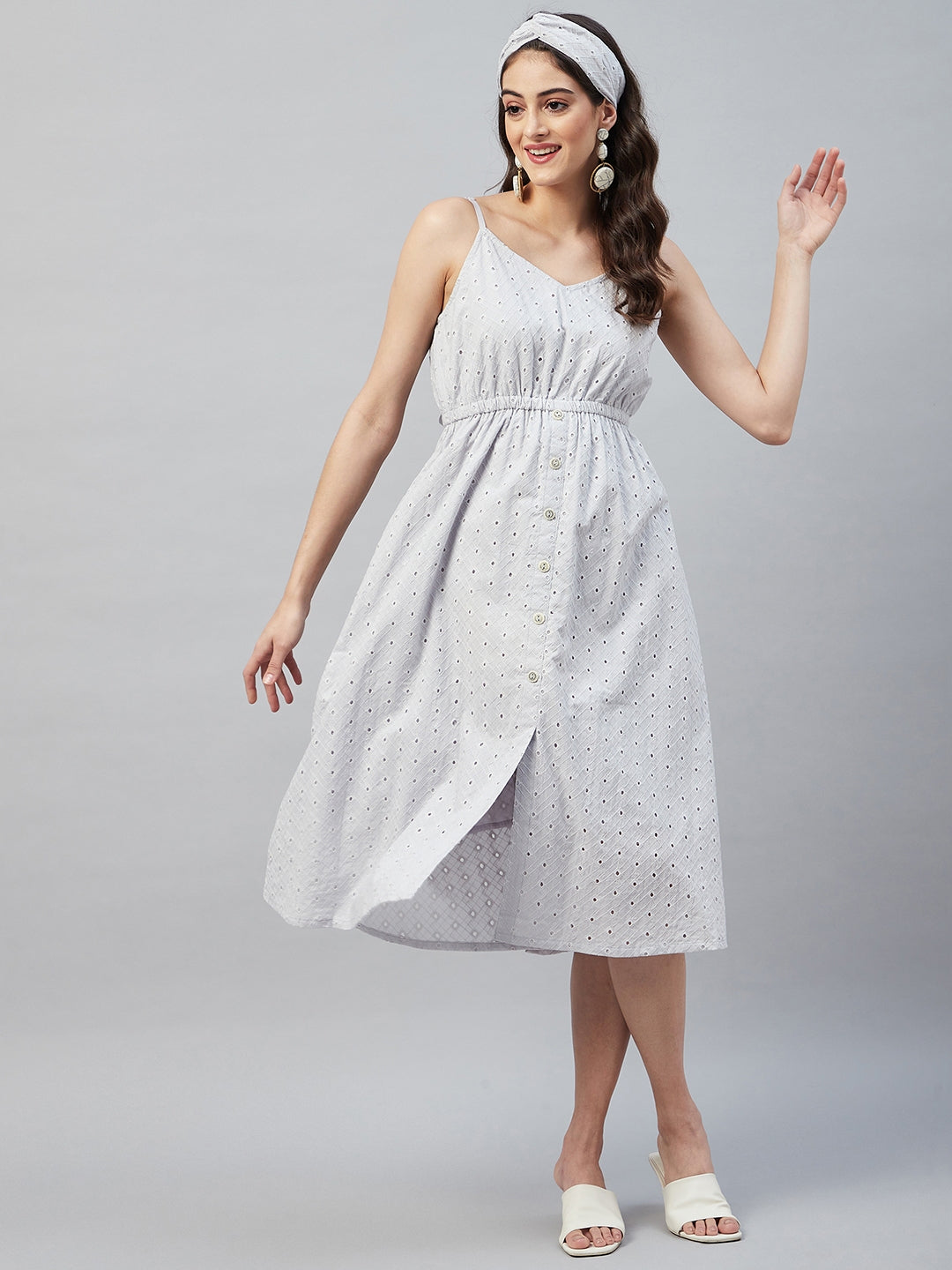 PASTEL GREY BACK TIE SCHIFFLI DRESS