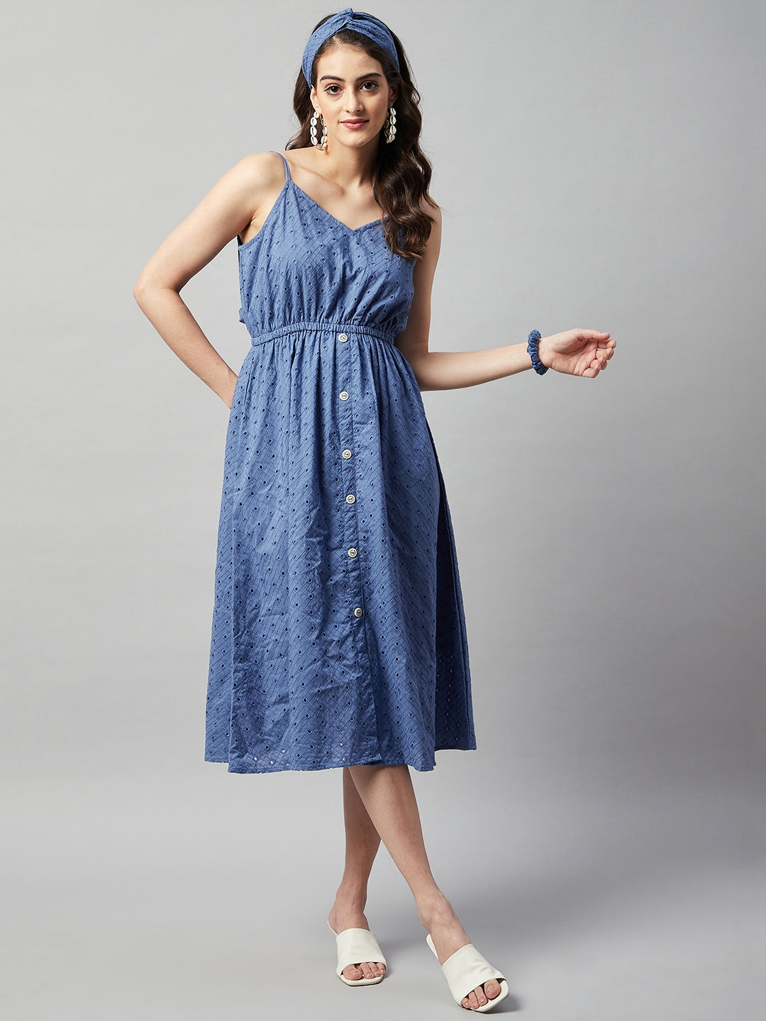 MOSS BLUE BACK TIE SCHIFFLI DRESS