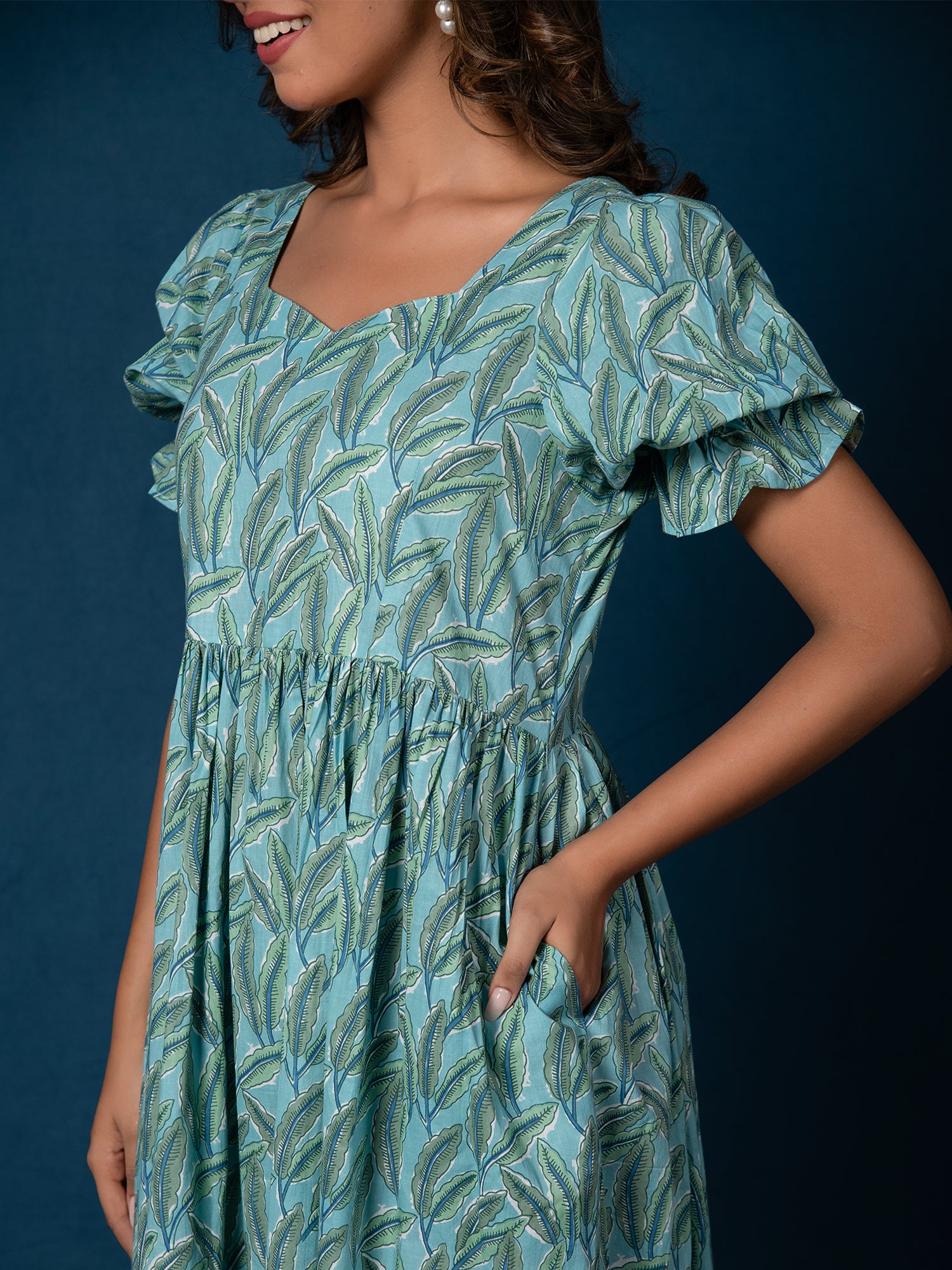 HAANA COTTON LEAF PRINTED GATHERED DRESS
