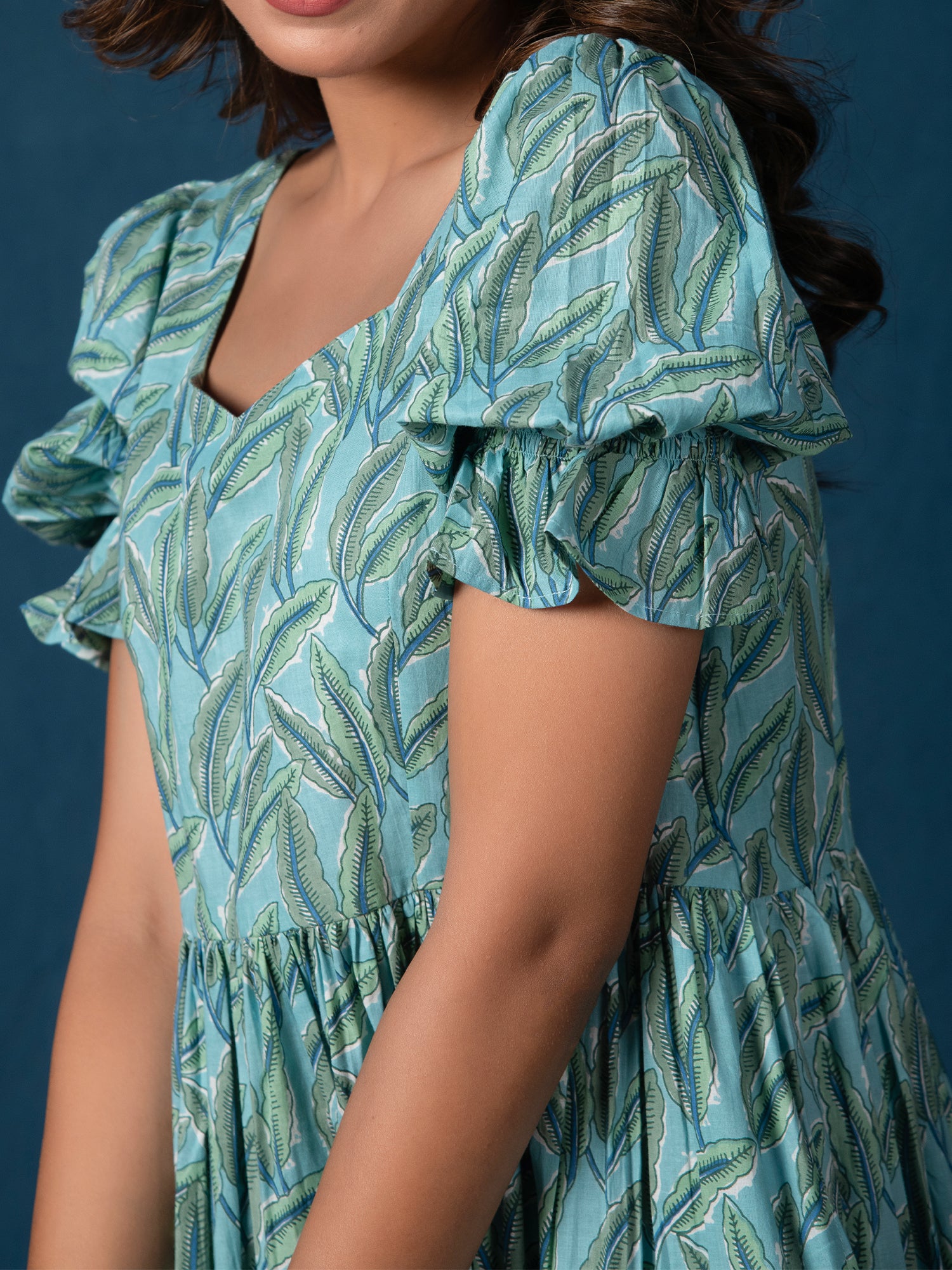 HAANA COTTON LEAF PRINTED GATHERED DRESS