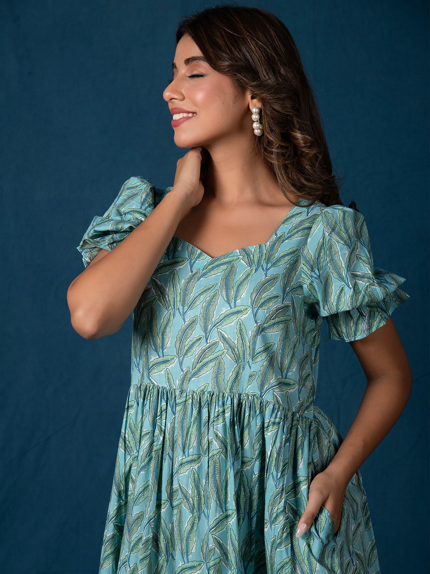 HAANA COTTON LEAF PRINTED GATHERED DRESS