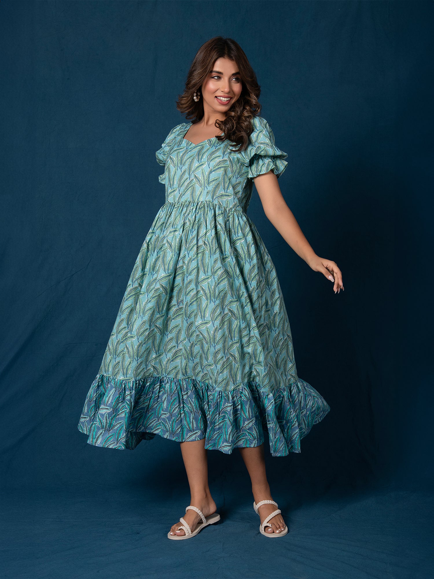 HAANA COTTON LEAF PRINTED GATHERED DRESS