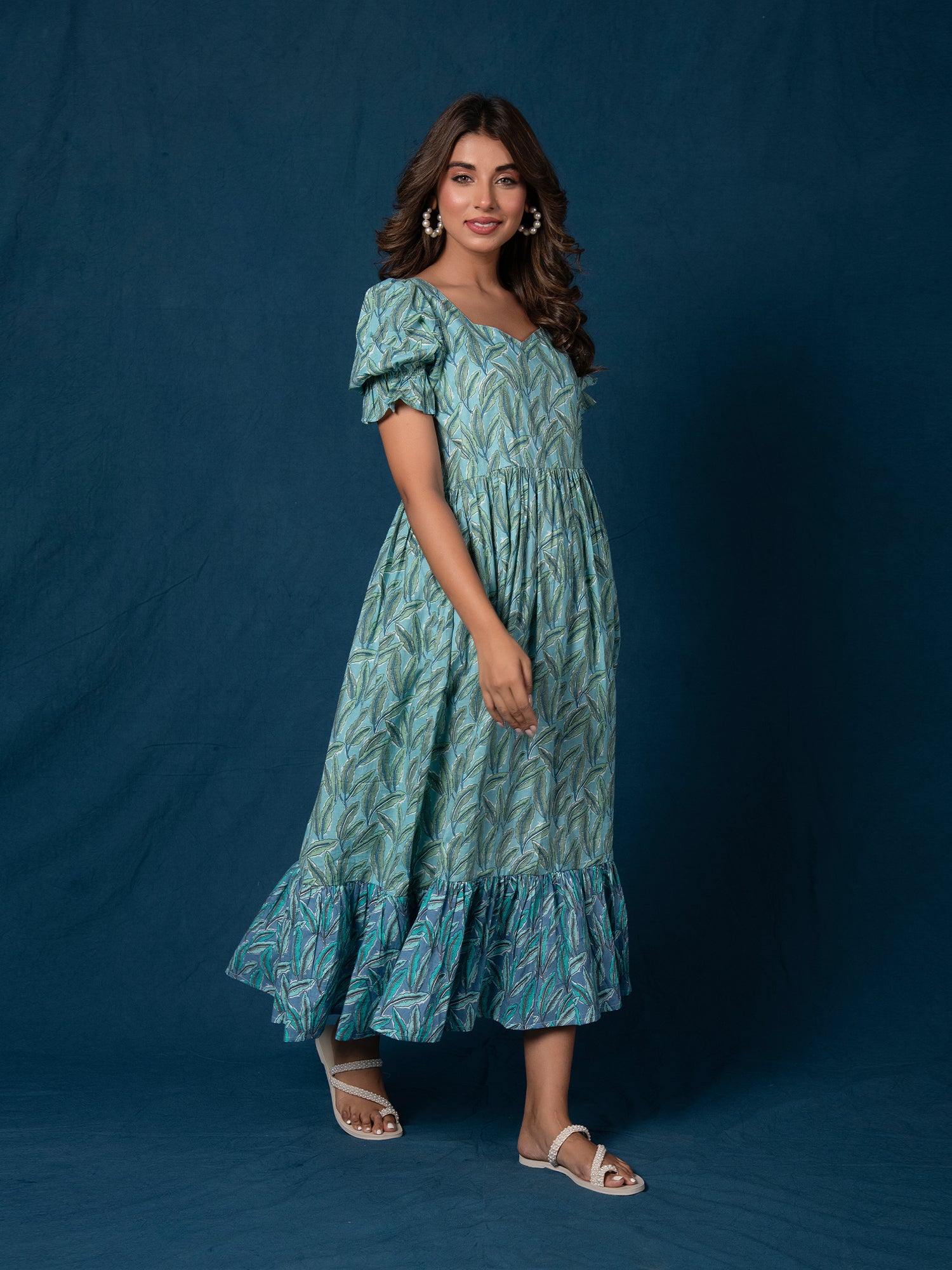 HAANA COTTON LEAF PRINTED GATHERED DRESS