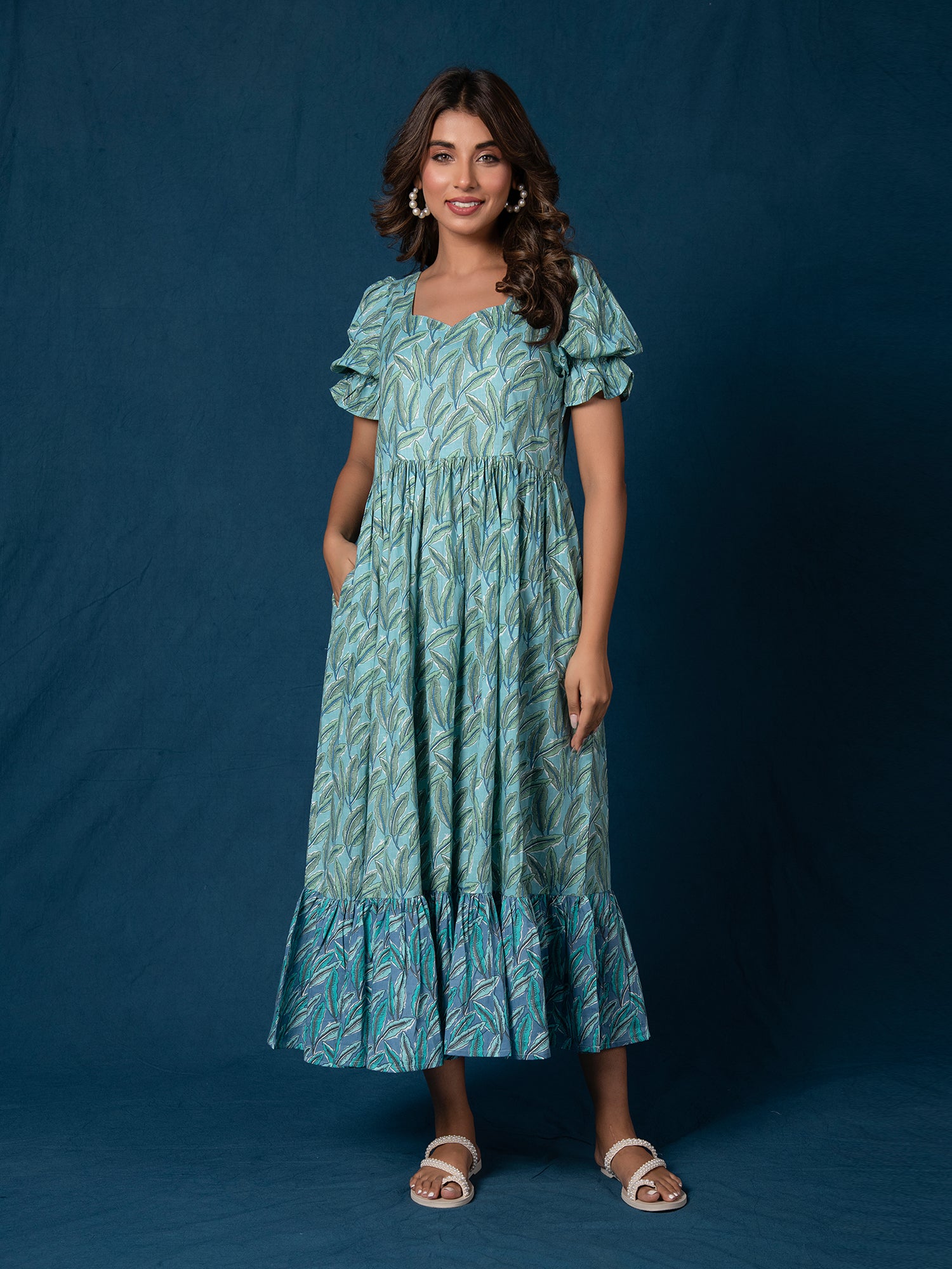 HAANA COTTON LEAF PRINTED GATHERED DRESS