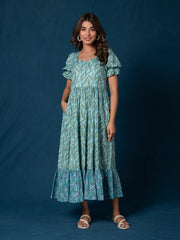 AAHELI HAANA COTTON LEAF PRINTED GATHERED DRESS