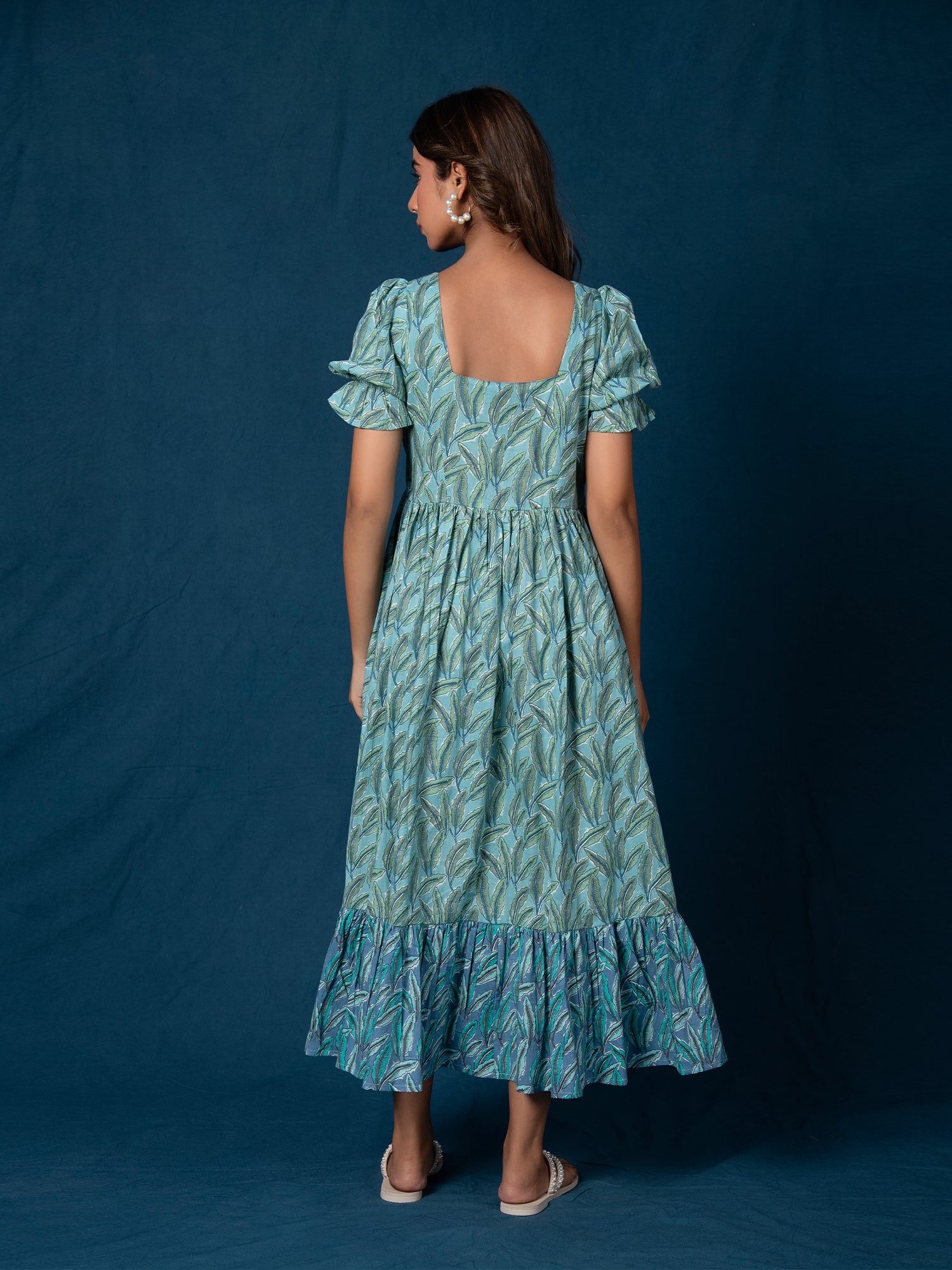 HAANA COTTON LEAF PRINTED GATHERED DRESS
