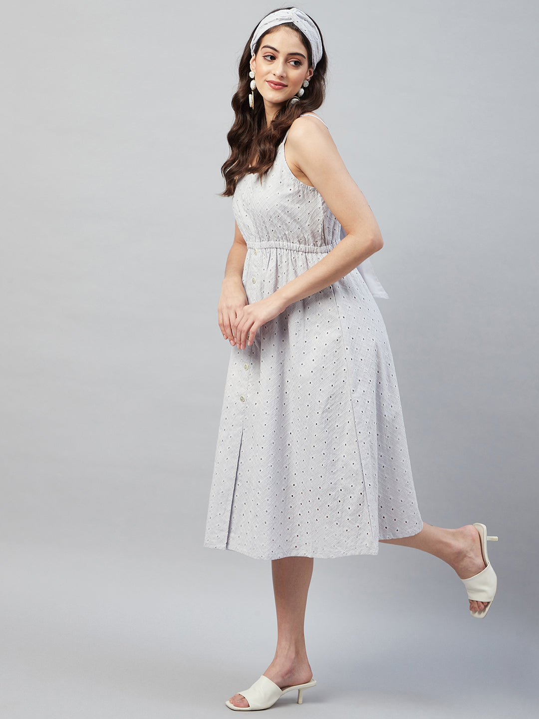 PASTEL GREY BACK TIE SCHIFFLI DRESS