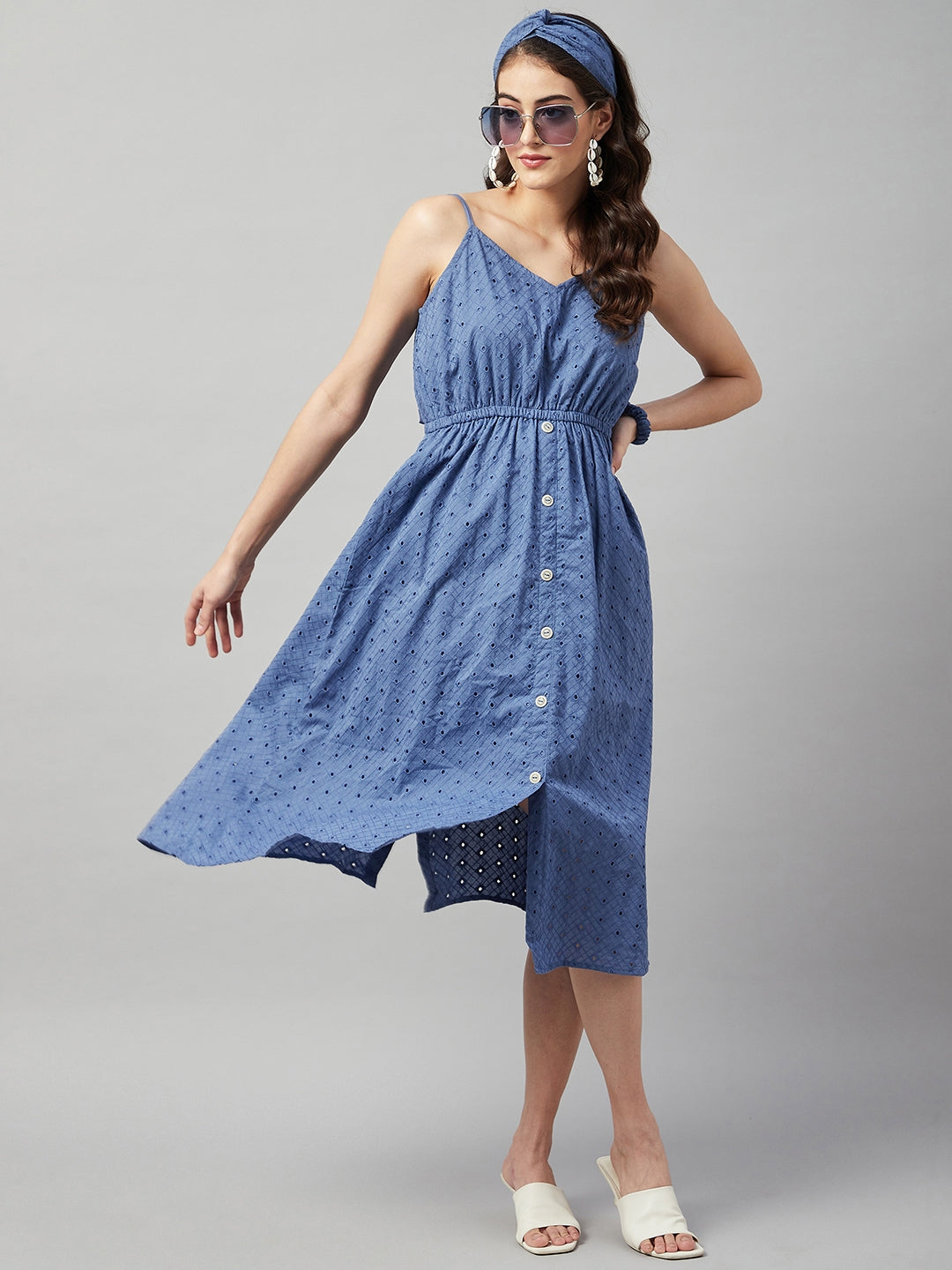 MOSS BLUE BACK TIE SCHIFFLI DRESS