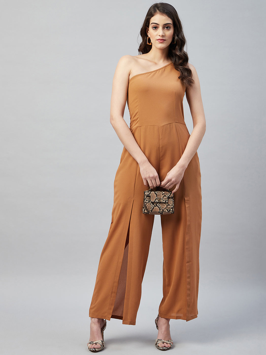 FRONT SLITTED ONE-SHOULDER JUMPSUIT- CARAMEL