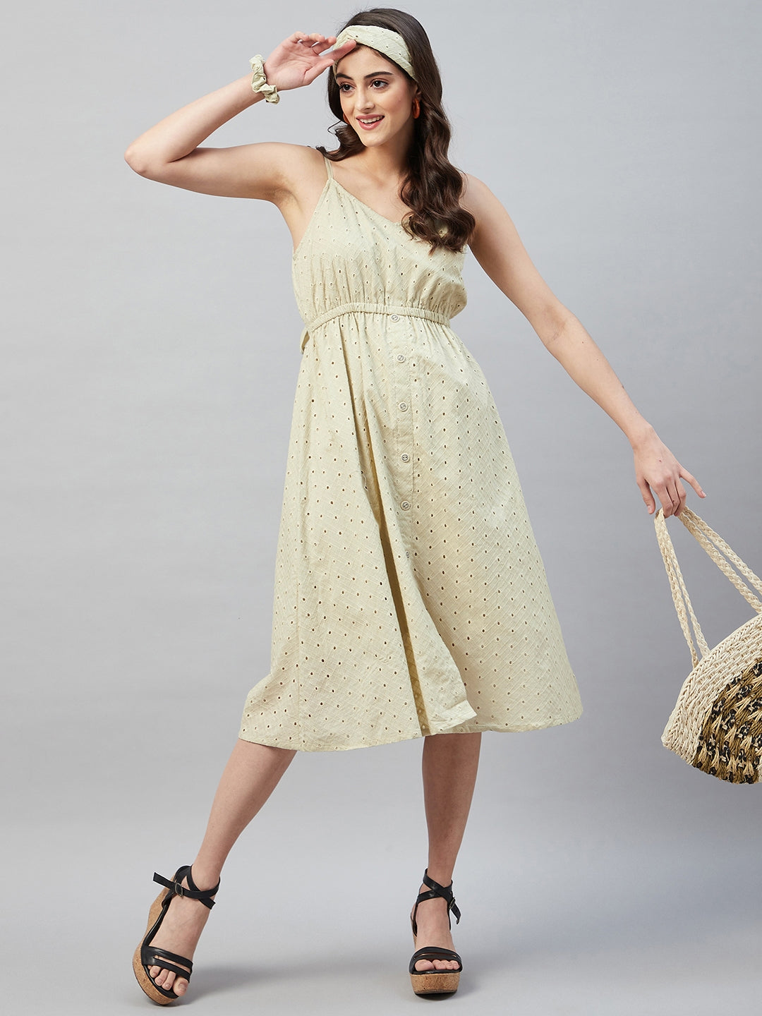 PASTEL MOSS GREEN BACK TIE SCHIFFLI DRESS