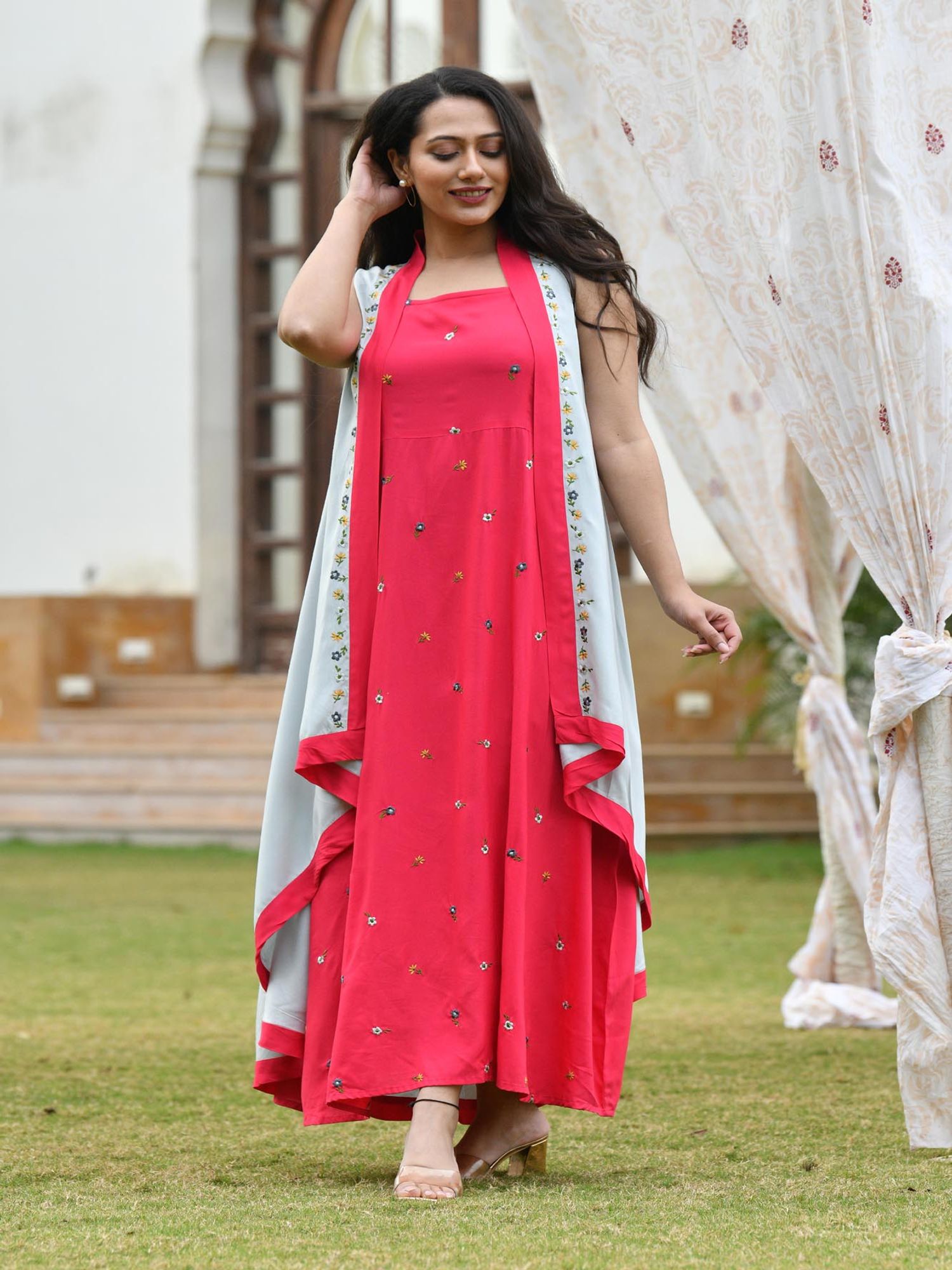 AAHELI RASPBERRY-GREY EMBROIDERED DRESS WITH SHRUG