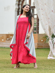 AAHELI RASPBERRY-GREY EMBROIDERED DRESS WITH SHRUG