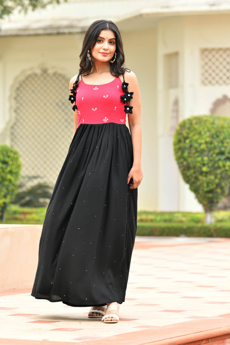 AAHELI FUCHSIA-BLACK EMBROIDERED RAYON DRESS