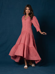 AAHELI CERISE PINK COTTON KANTHA TIERED DRESS