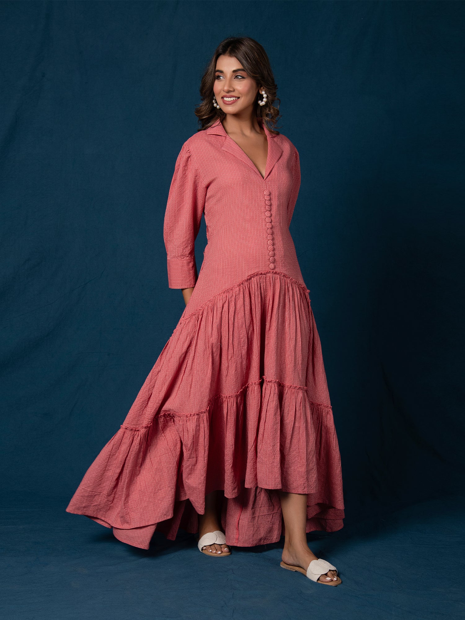 CERISE PINK COTTON KANTHA TIERED DRESS