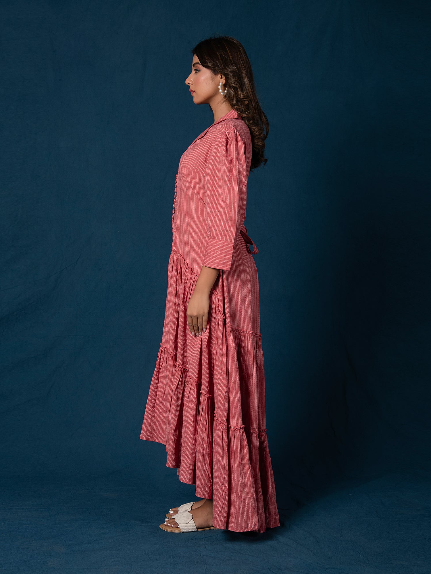 CERISE PINK COTTON KANTHA TIERED DRESS