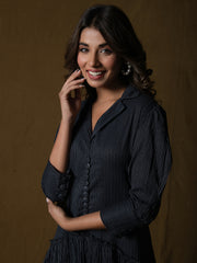 AAHELI MIDNIGHT BLACK COTTON KANTHA TIERED DRESS