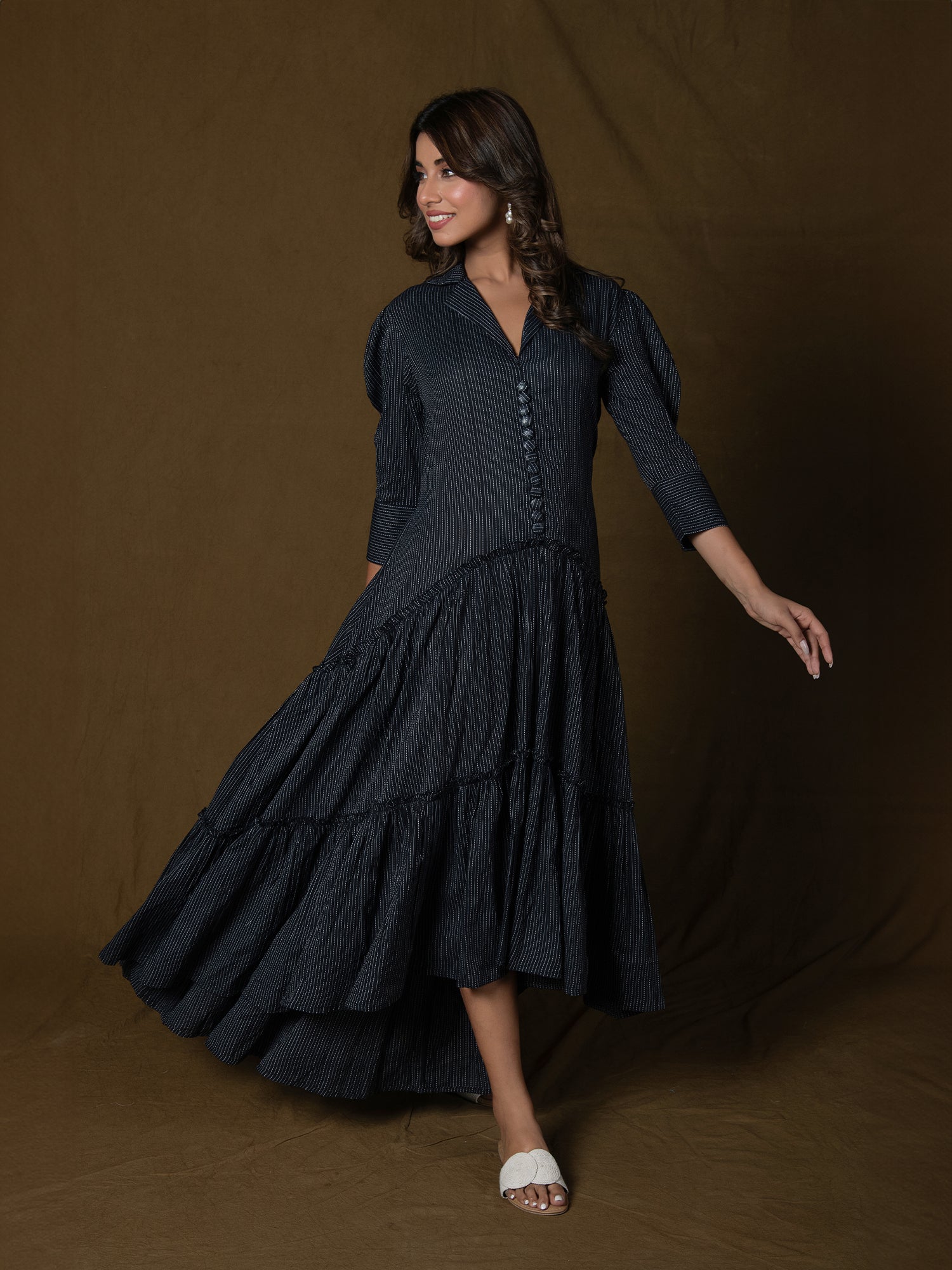 MIDNIGHT BLACK COTTON KANTHA TIERED DRESS