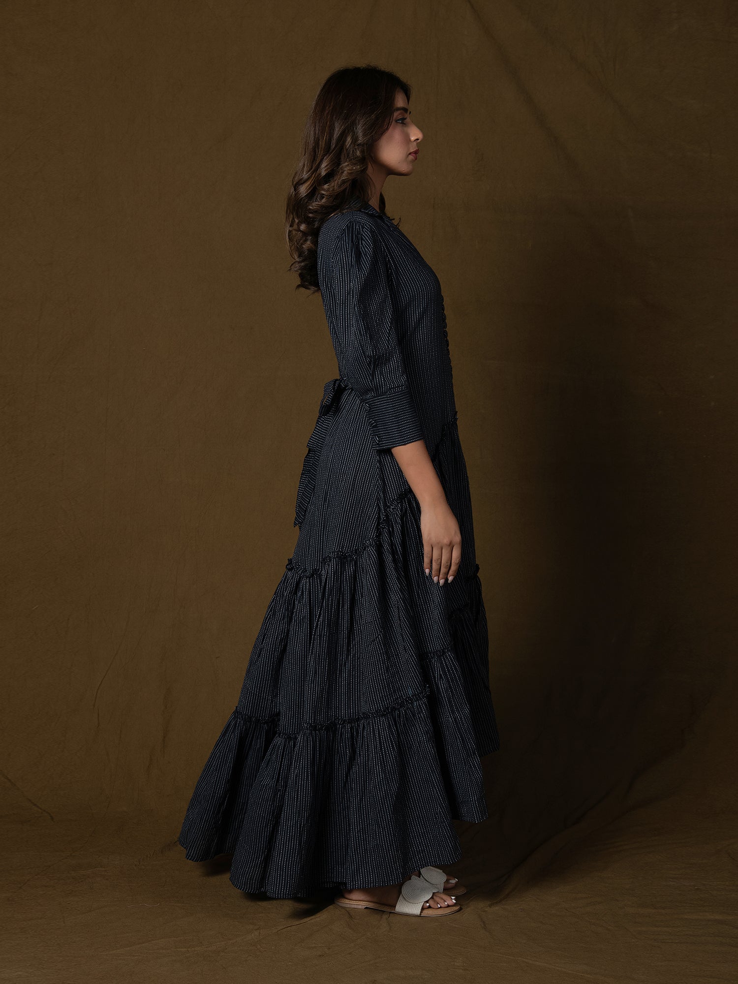 MIDNIGHT BLACK COTTON KANTHA TIERED DRESS