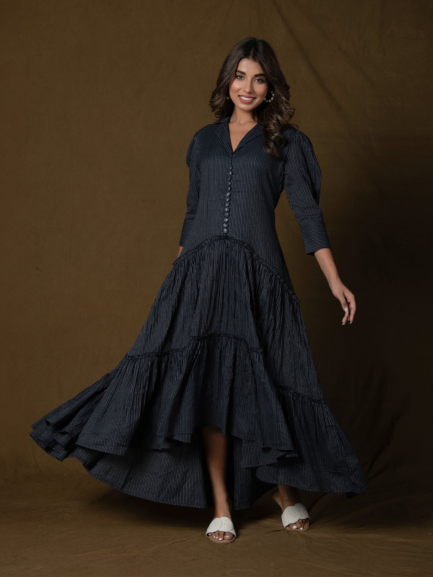 MIDNIGHT BLACK COTTON KANTHA TIERED DRESS