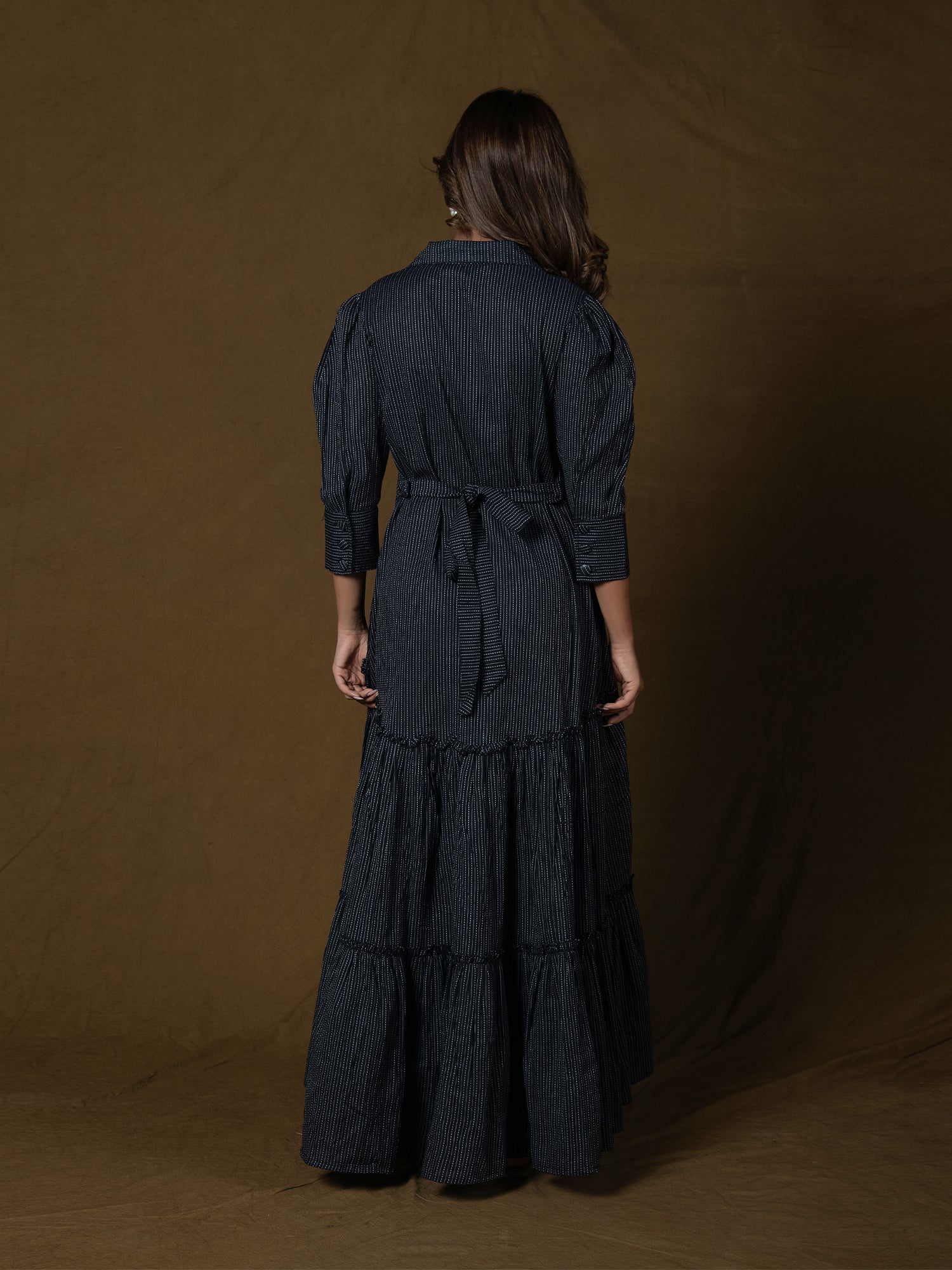 MIDNIGHT BLACK COTTON KANTHA TIERED DRESS