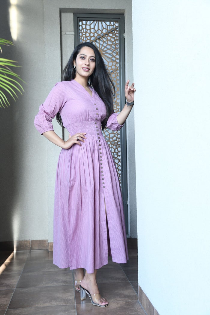 MAUVE COTTON KANTHA COMFY DRESS