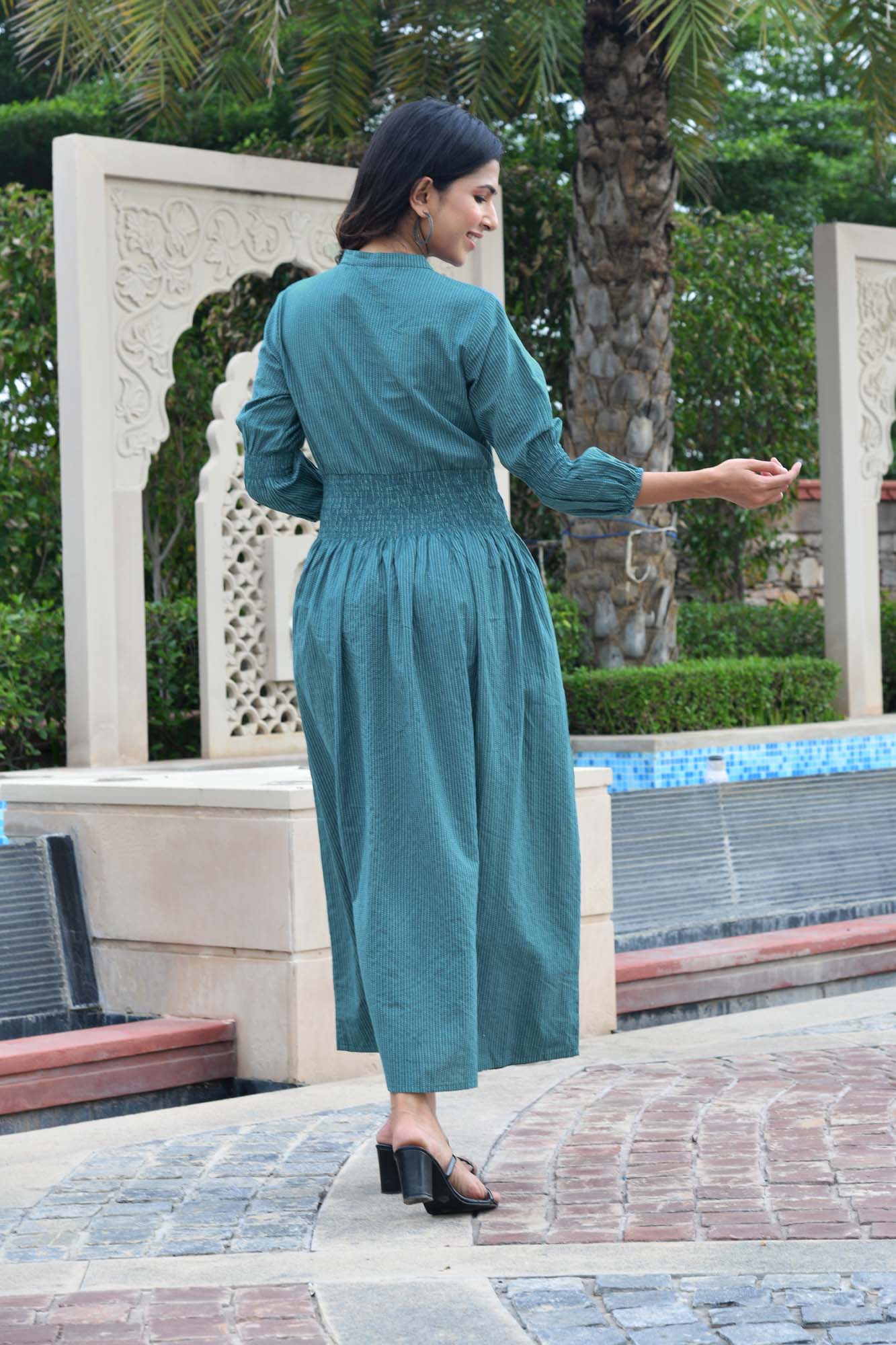 PRUSSIAN BLUE COTTON KANTHA COMFY DRESS