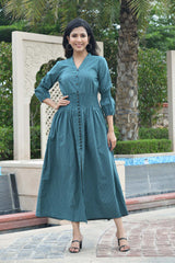 AAHELI PRUSSIAN BLUE COTTON KANTHA COMFY DRESS