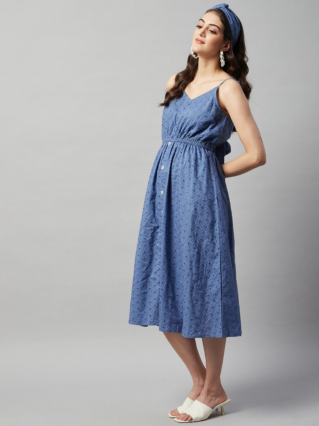 MOSS BLUE BACK TIE SCHIFFLI DRESS