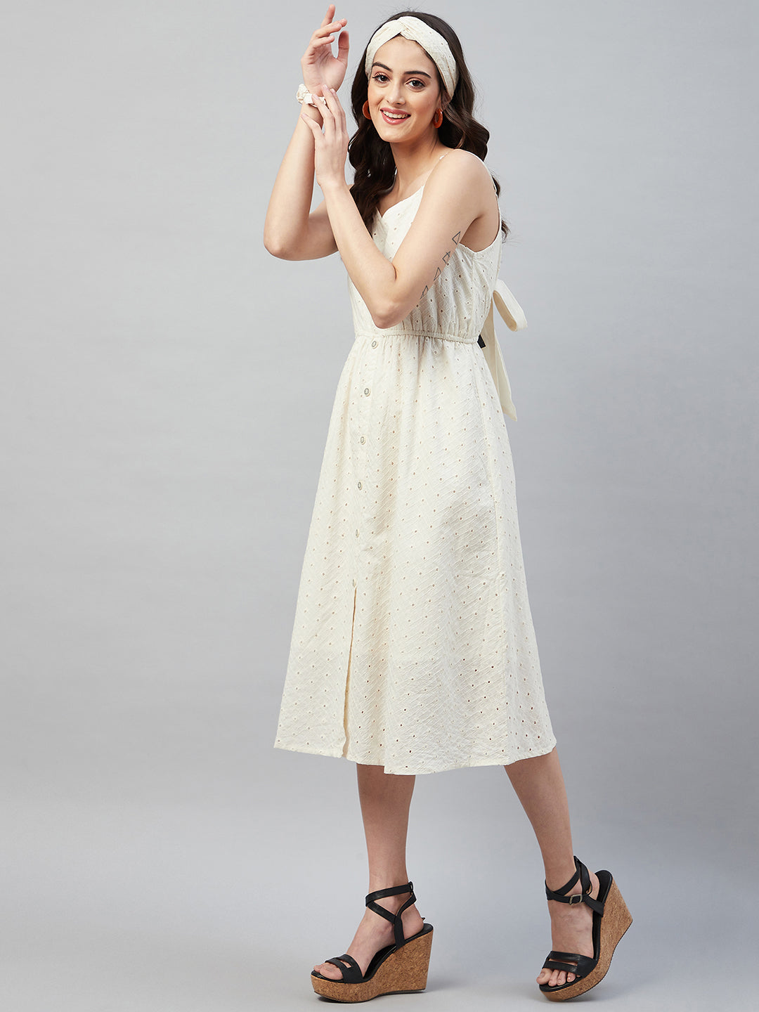 PEARL WHITE BACK TIE SCHIFFLI DRESS