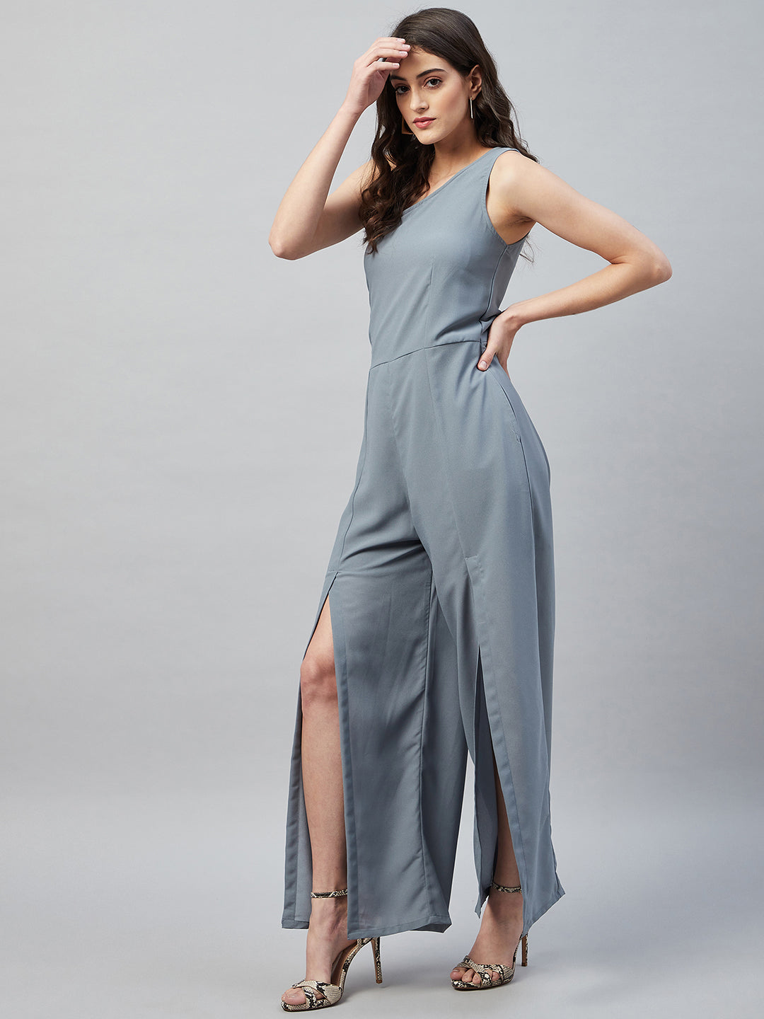 FRONT SLITTED ONE-SHOULDER JUMPSUIT- GREY