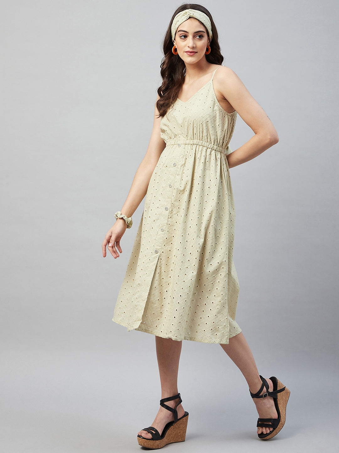 PASTEL MOSS GREEN BACK TIE SCHIFFLI DRESS