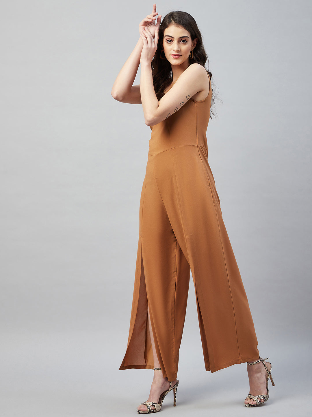 FRONT SLITTED ONE-SHOULDER JUMPSUIT- CARAMEL