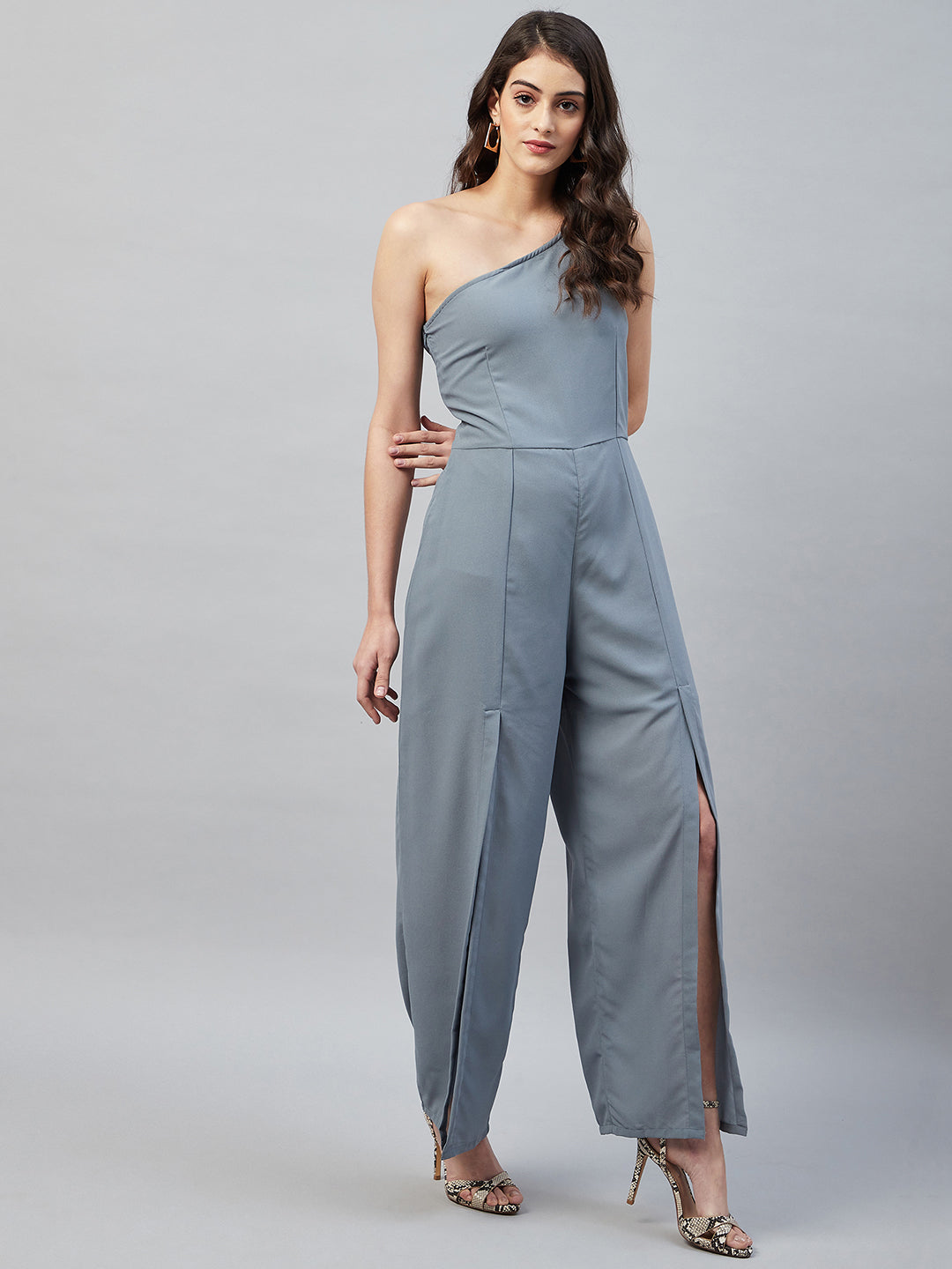 FRONT SLITTED ONE-SHOULDER JUMPSUIT- GREY