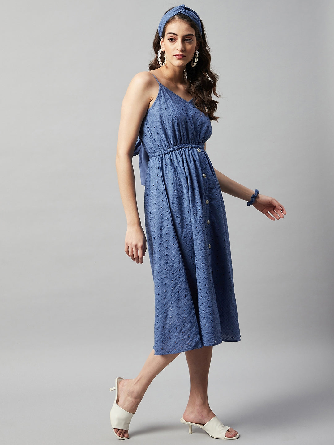 MOSS BLUE BACK TIE SCHIFFLI DRESS