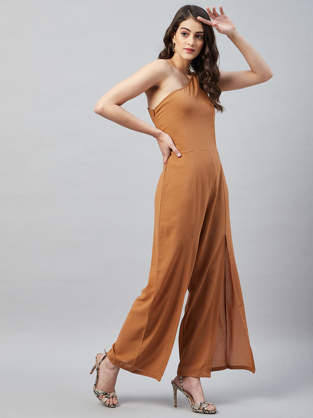 FRONT SLITTED ONE-SHOULDER JUMPSUIT- CARAMEL