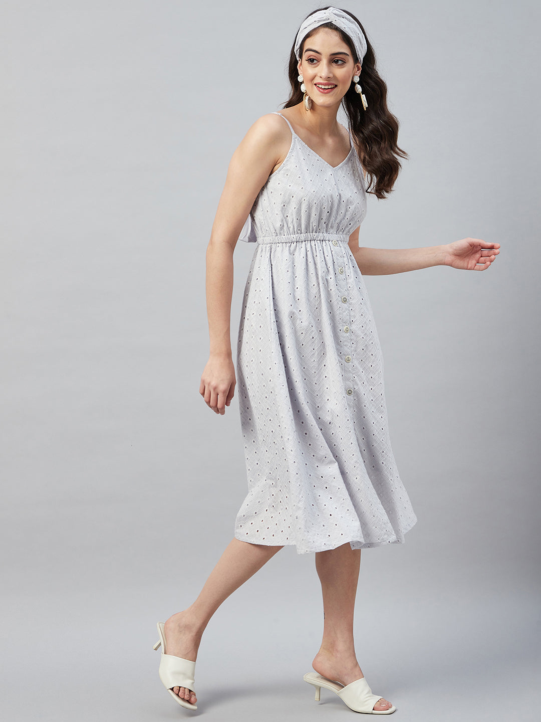 PASTEL GREY BACK TIE SCHIFFLI DRESS