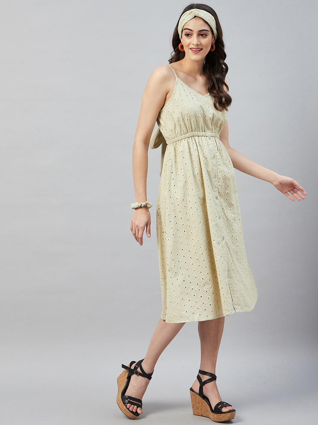 PASTEL MOSS GREEN BACK TIE SCHIFFLI DRESS