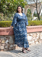 AAHELI FLORAL NAVY-BLUE PRINTED FLARED DRESS