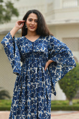 AAHELI FLORAL NAVY-BLUE PRINTED FLARED DRESS