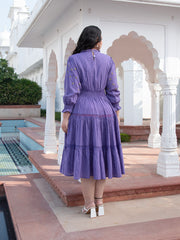 AAHELI RADIANT MEADOWS PURPLE COTTON KANTHA TIERED DRESS