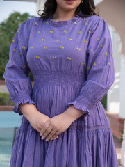 AAHELI RADIANT MEADOWS PURPLE COTTON KANTHA TIERED DRESS