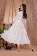 AAHELI RADIANT MEADOWS OFF-WHITE COTTON KANTHA TIERED DRESS