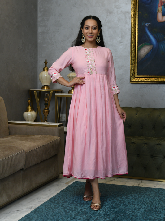 AAHELI BLUSH PINK WHISPERING PETALS MUSLIN DRESS